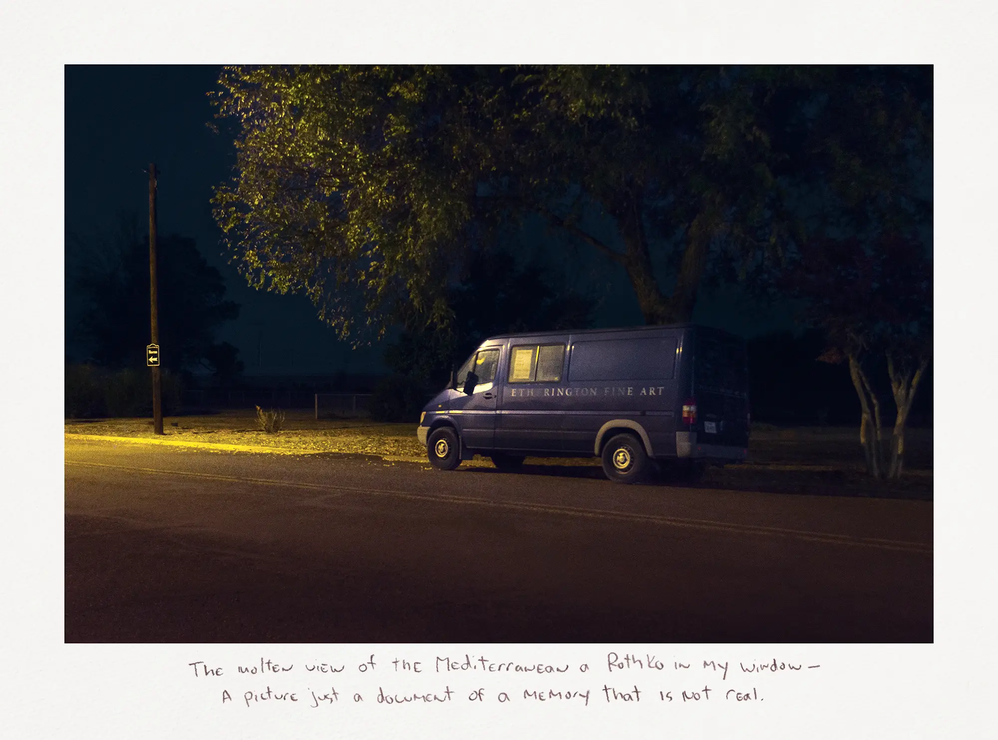 A photograph shows a blue van parked under yellow lights at night, displaying the words “Etherington Fine Art.”